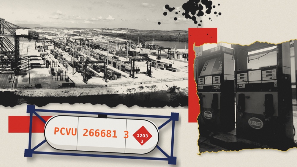 Collage: terminal de contenedores, un contenedor cisterna y surtidores de CUPET-CIMEX