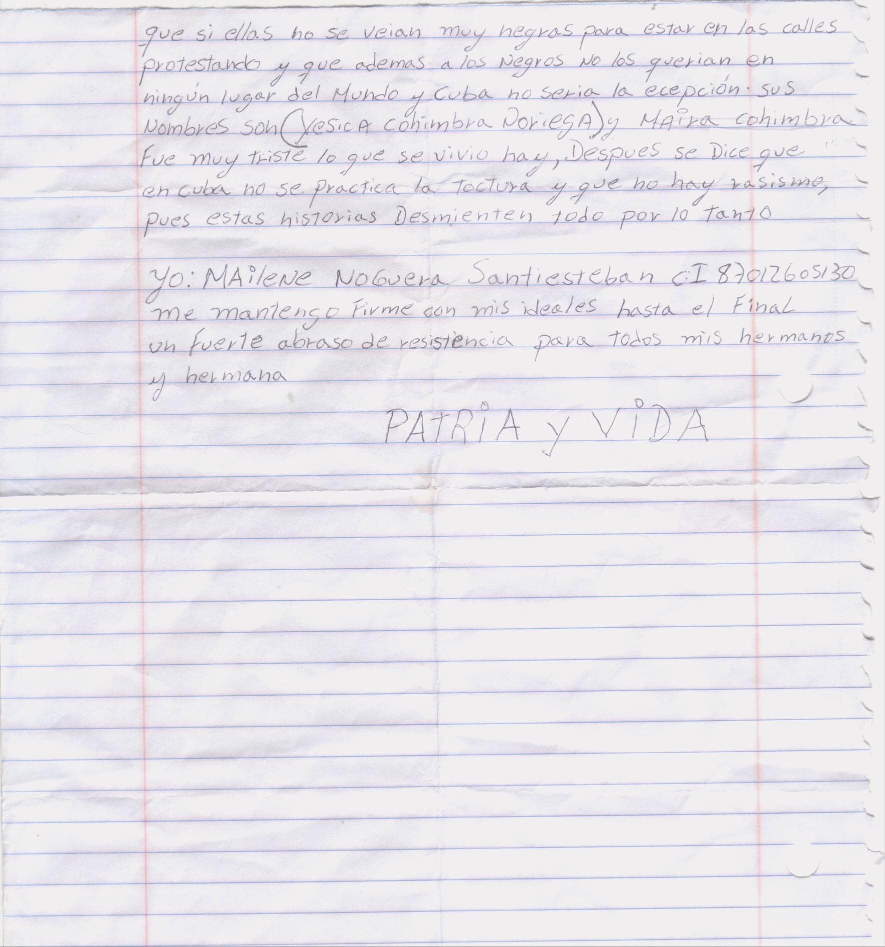 Carta enviada por Noguera Santiesteban desde prisión.