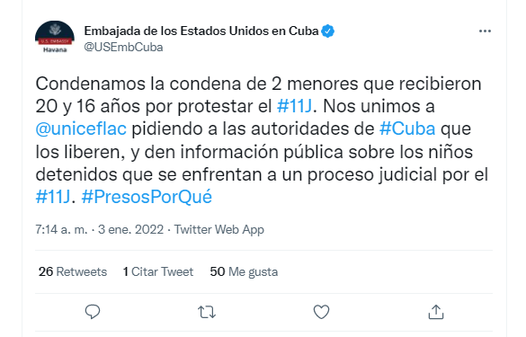 Tuit de la Embajada de EE.UU en La Habana.