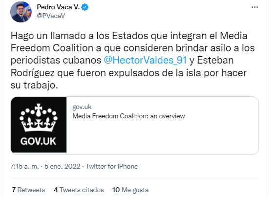 Tuit del Relator Pedro Vaca.