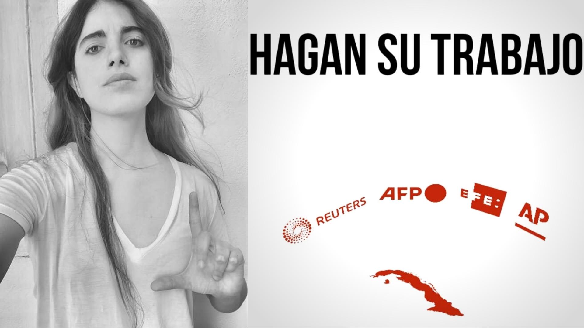 Carolina Barrero y cartel sobre medios extranjeros acreditados en Cuba