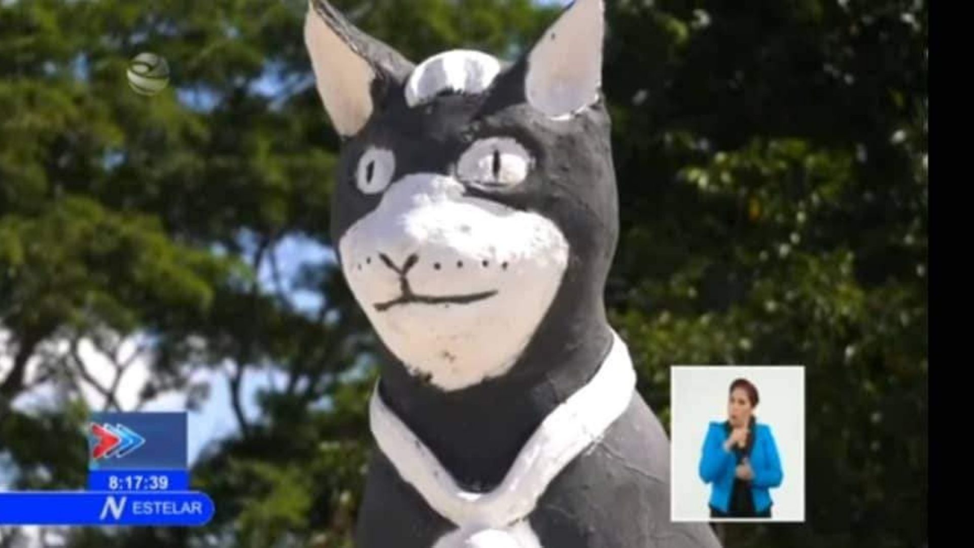 El gato de dimensiones humanas, hecho de cemento y arena, fue mostrado por el Noticiero de la Televisión Cubana.