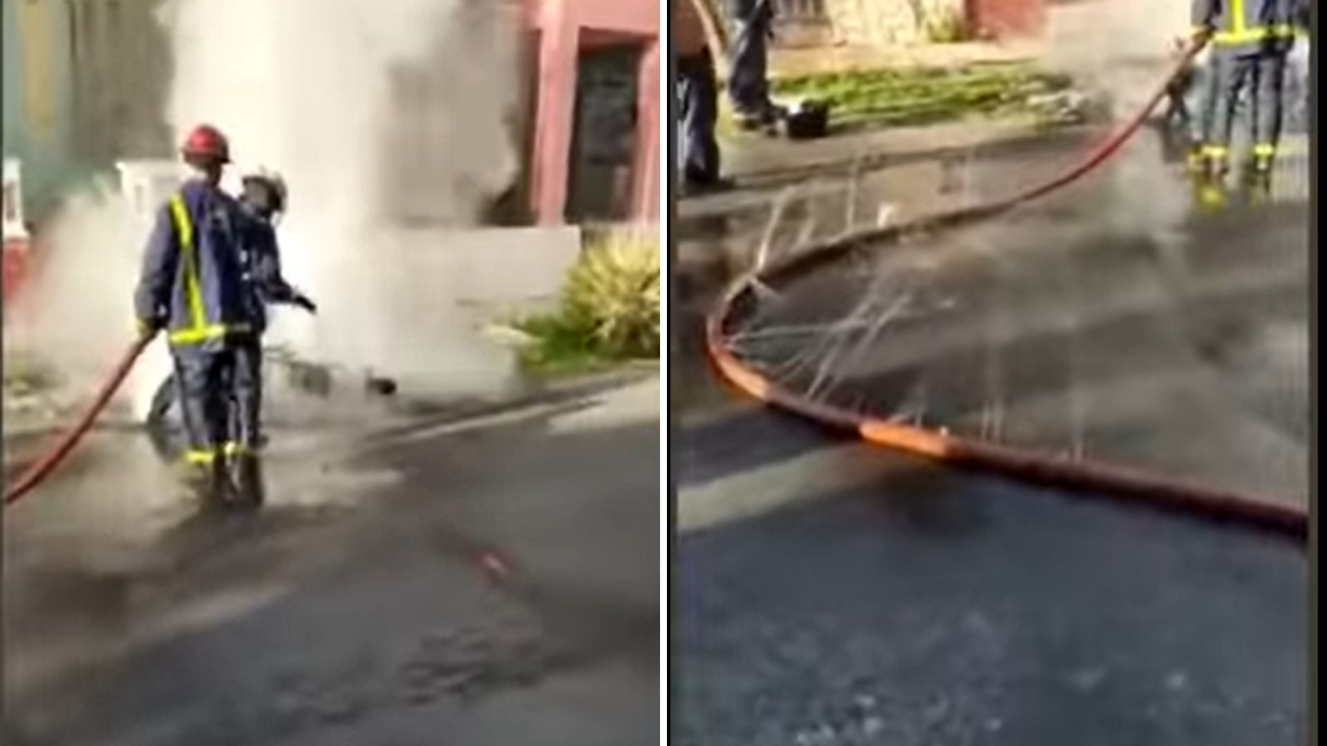 Las imágenes muestran a dos bomberos cubanos intentando apagar una moto eléctrica en llamas en la calle, pero la manguera que utilizan tiene agujeros, por donde se sale el agua