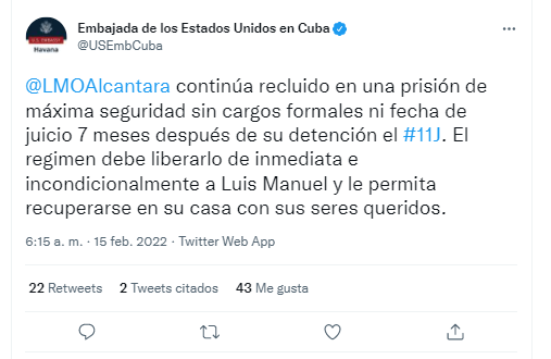 Tuit de la embajada de EE.UU en La Habana.