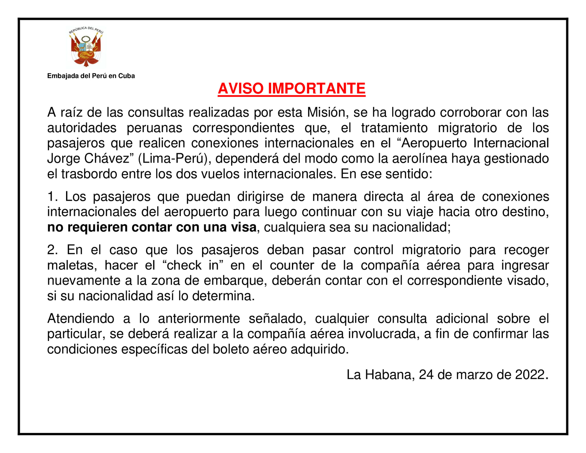 Comunicado oficial de Embajada de Perú en Cuba.