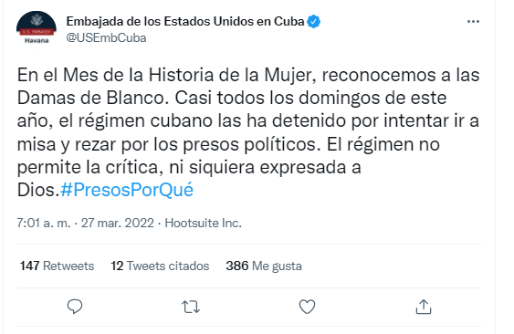 Tuit de la Embajada de EEUU en La Habana