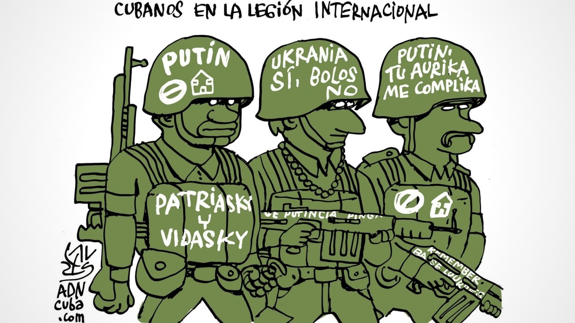 Ilustración de cubanos en Legión Extranjera de Ucrania contra Rusia. Autor: Alen Lauzán/ ADN Cuba