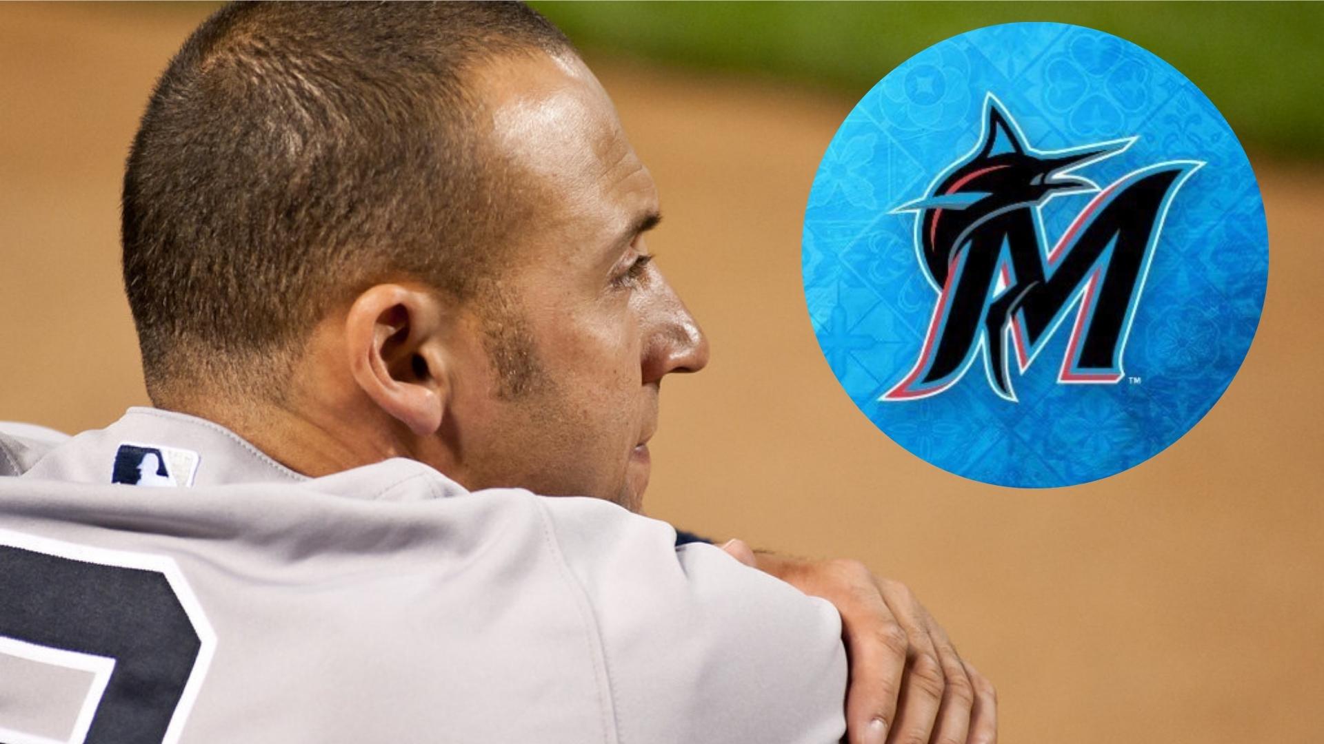 Derek Jeter y logo de equipo Miami Marlins. Collage de ADN Cuba con imágenes de James DiBianco y Twitter Miami Marlins