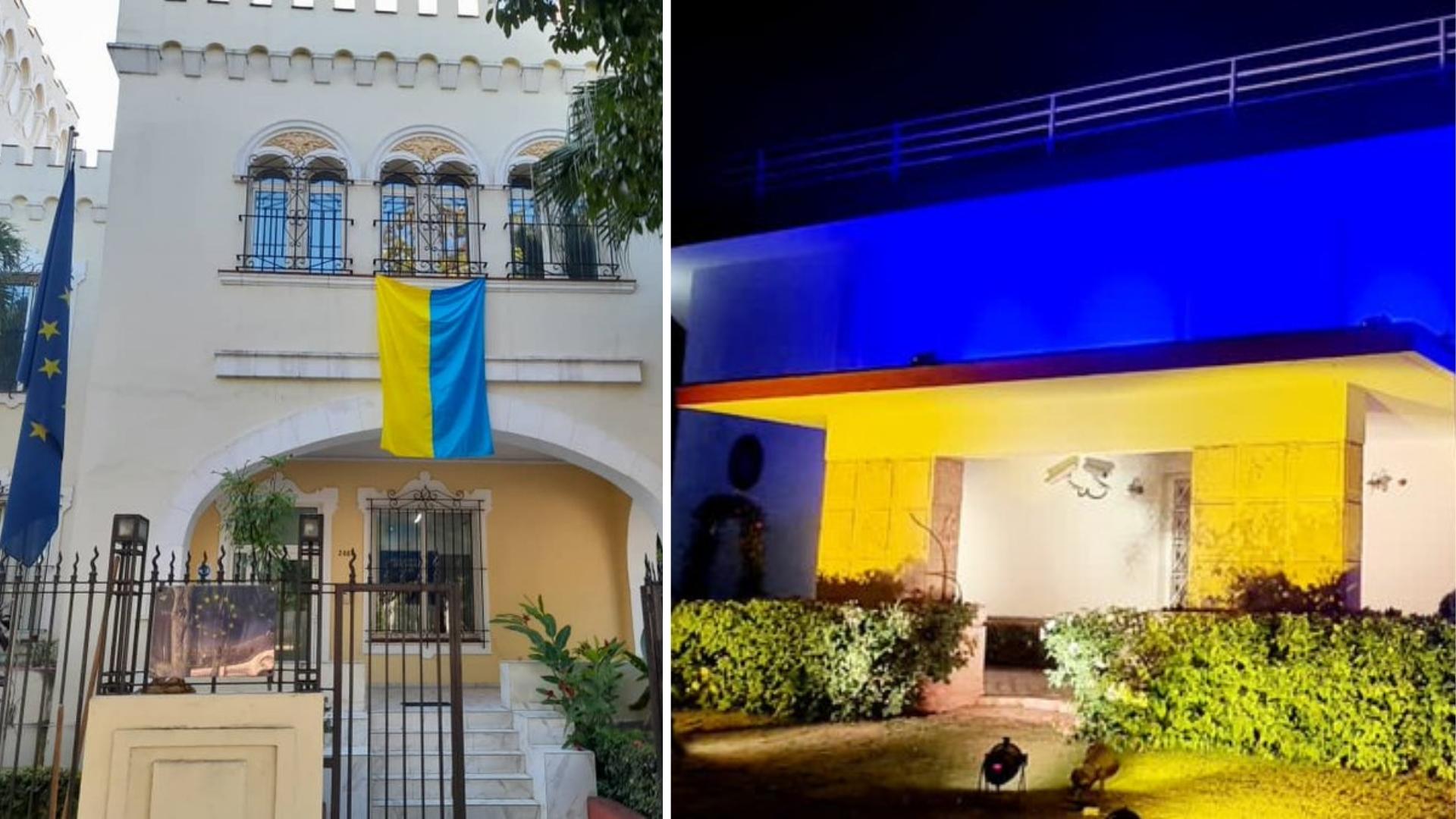 Fachadas de embajadas con colores de bandera ucraniana. Fotomontaje: ADN Cuba