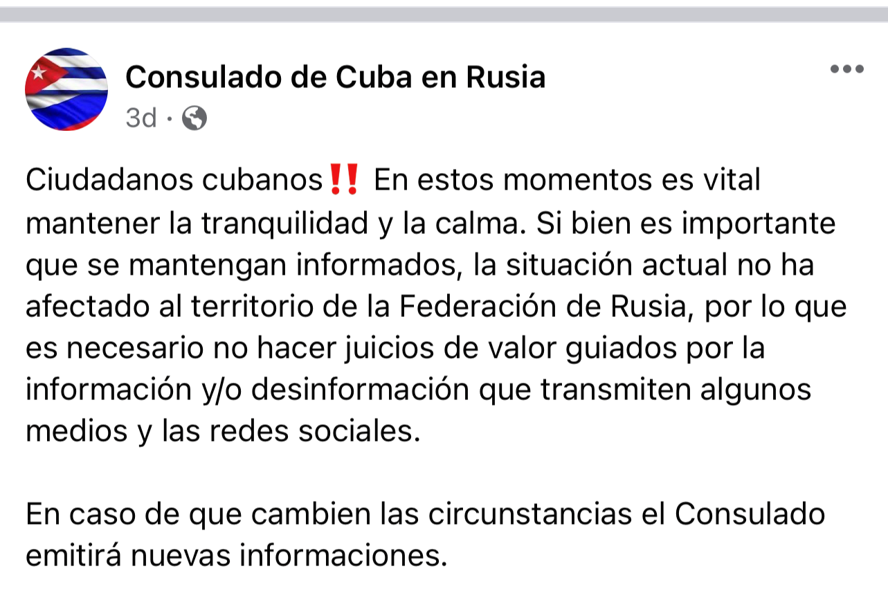 Mensaje del Consulado cubano en Rusia.