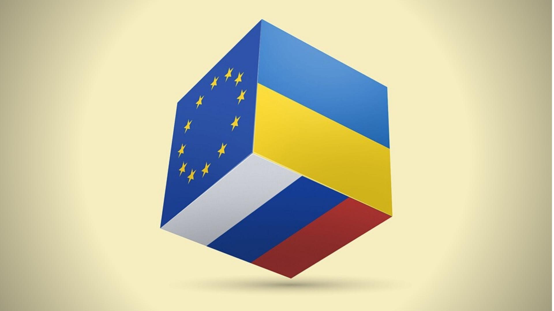 Ilustración con banderas de Ucrania, Rusia y la Unión Europea. Imagen: Pixabay