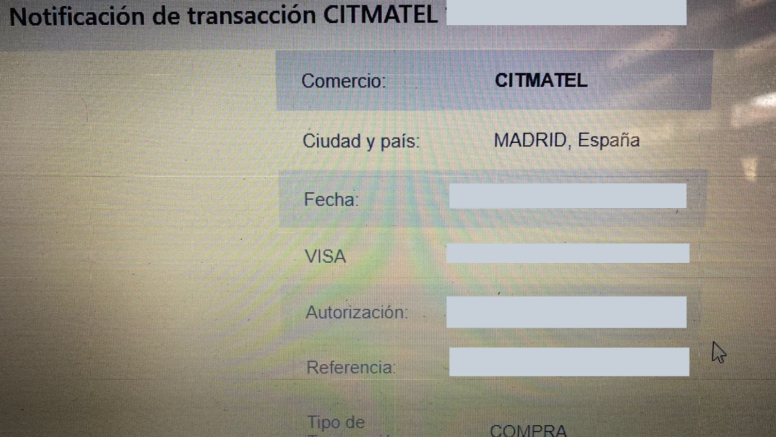 Notificación de transacción en Bazar Regalo. El destinario es Citmatel Madrid.