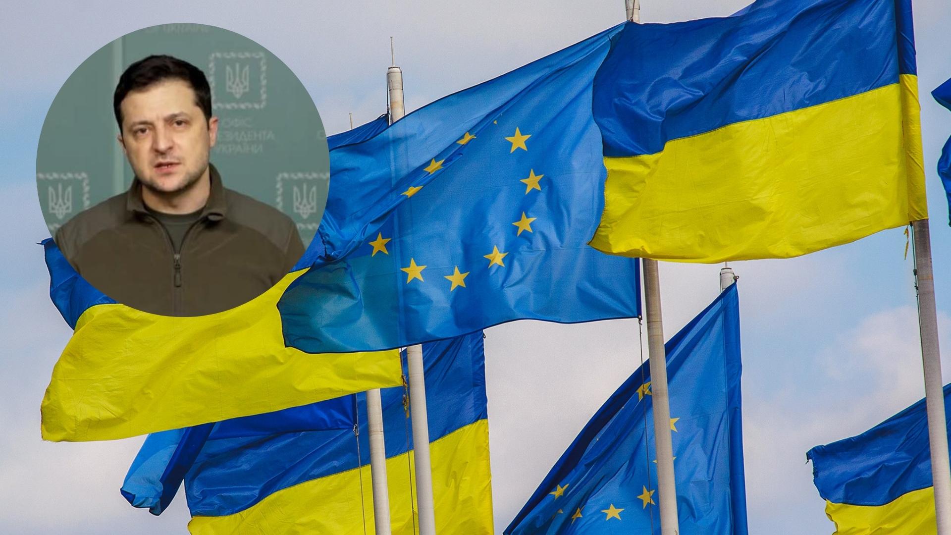 Volodímir Zelenski y banderas de Ucrania y Unión Europea. Fotomontaje: ADN Cuba