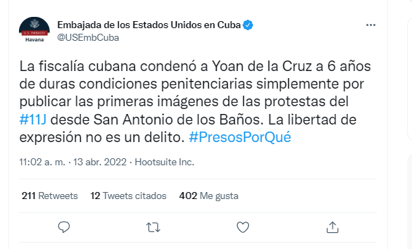 Tuit de la Embajada de EEUU en La Habana.