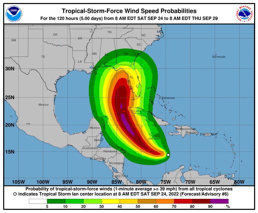 Probabilidades de incidencia de vientos con velocidad de tormenta tropical asociados a Ian durante los próximos cinco días. Imagen del NHC