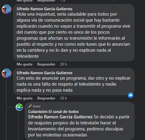 Captura de pantalla de respuesta de Cubavisión