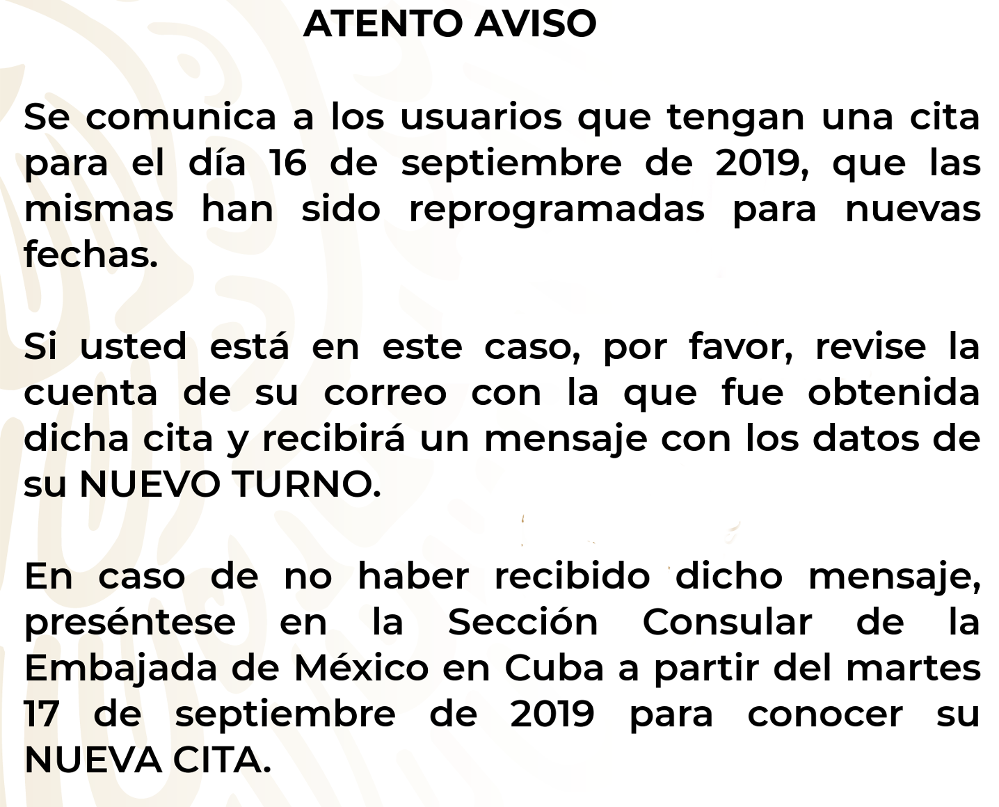 Aviso consular embajada de México en Cuba