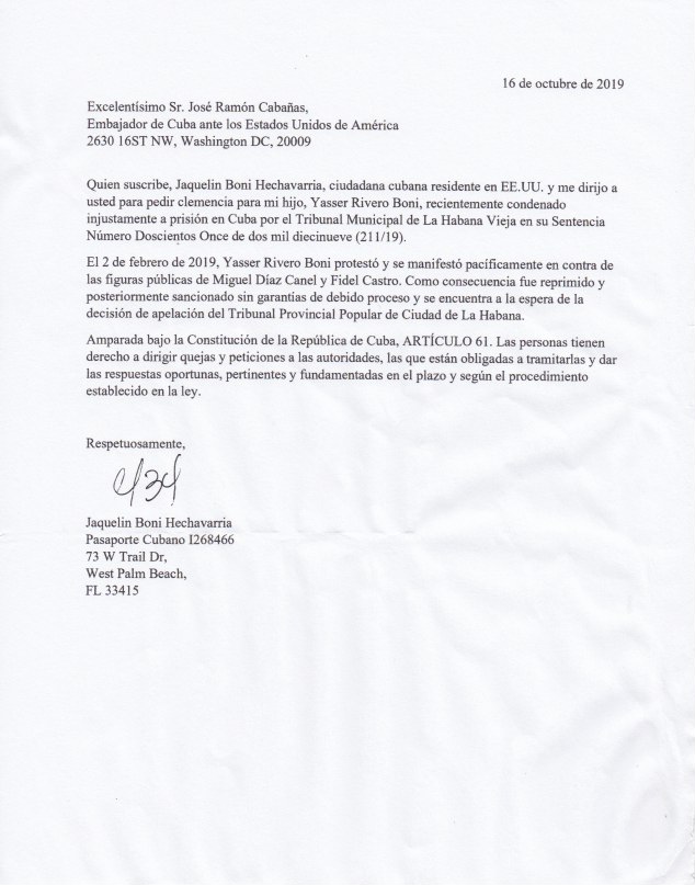 Carta dirigida al embajador cubano en Estados Unidos