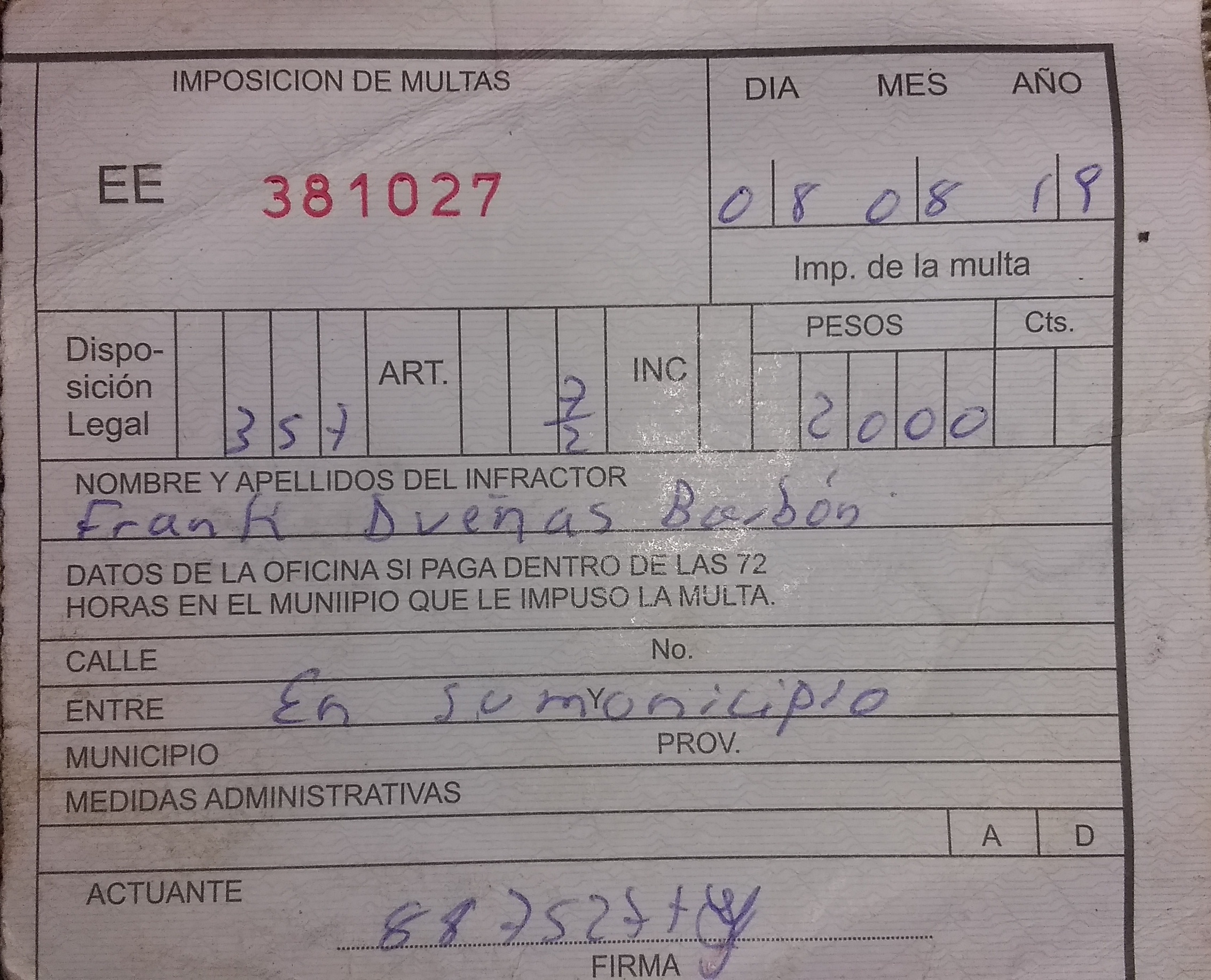 Multa de 2 mil pesos CUP impuesta a Frank Dueñas Barbón. /Foto: Cortesía