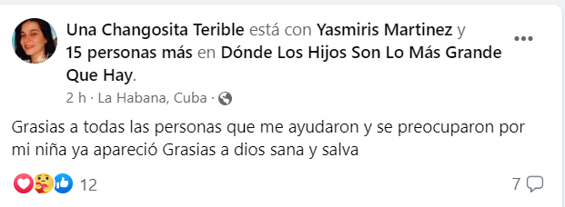 Captura de pantalla del perfil de niña desaparecida