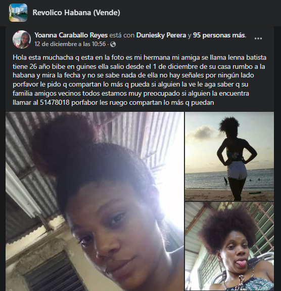 Publicación en redes sociales sobre la cubana desaparecida.