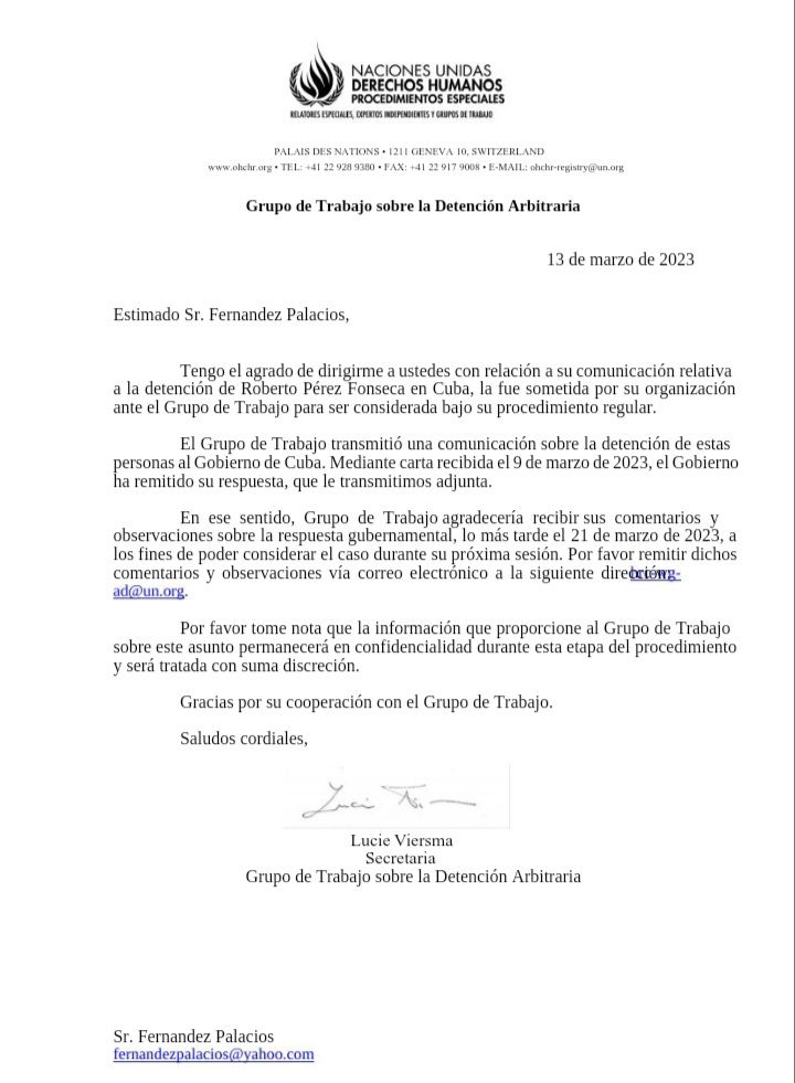 Carta del Grupo de Detenciones Arbitrarias