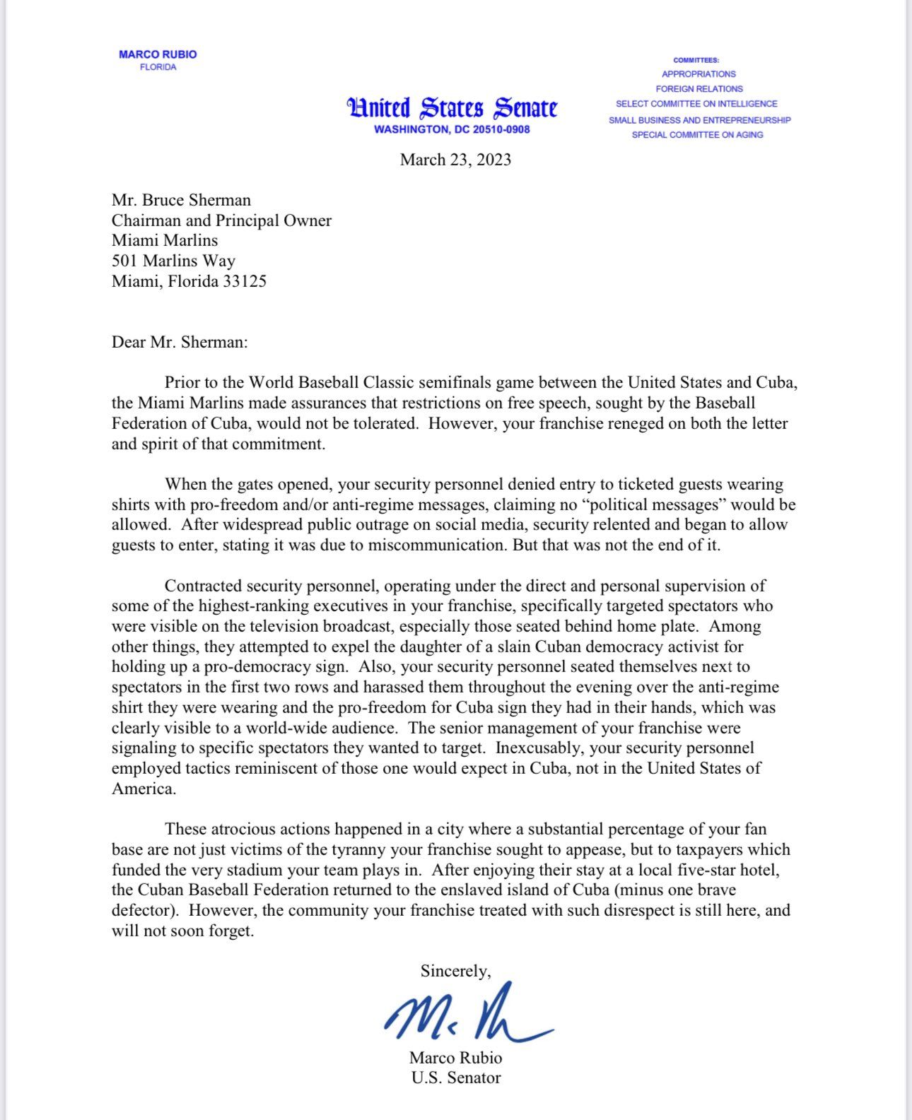 Carta de Rubio a los Miami Marlins