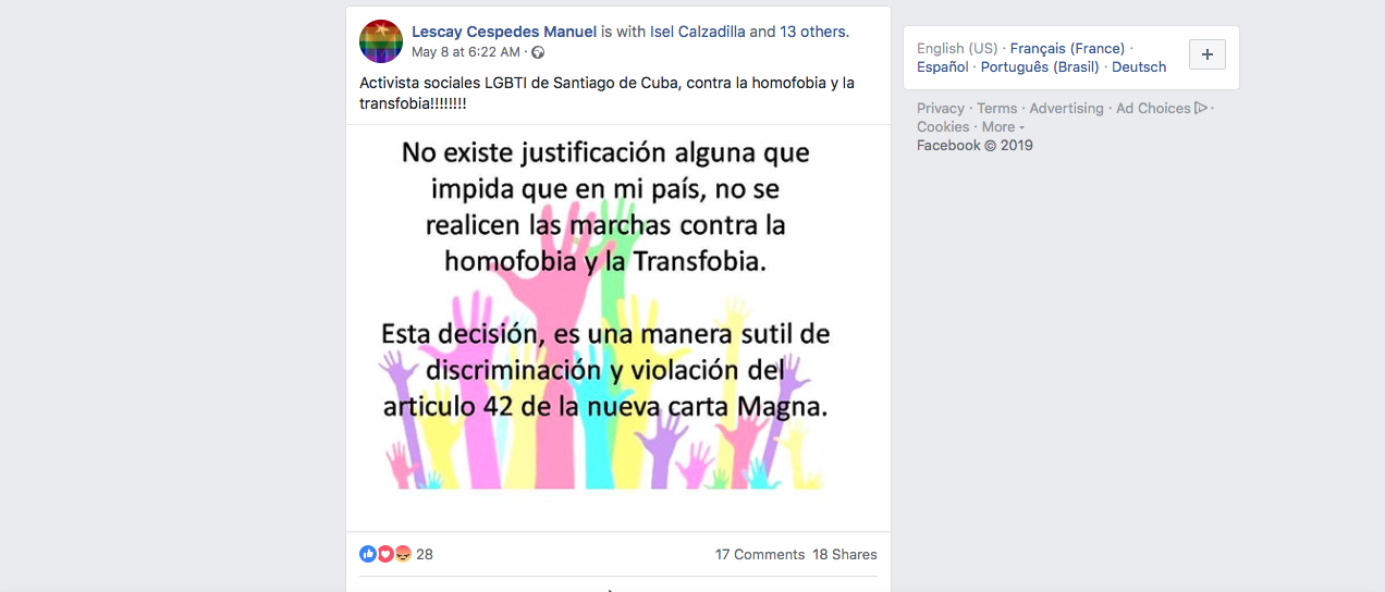 Captura de pantalla de una de las publicaciones del activista santiaguero Lescay Céspedes Manuel.