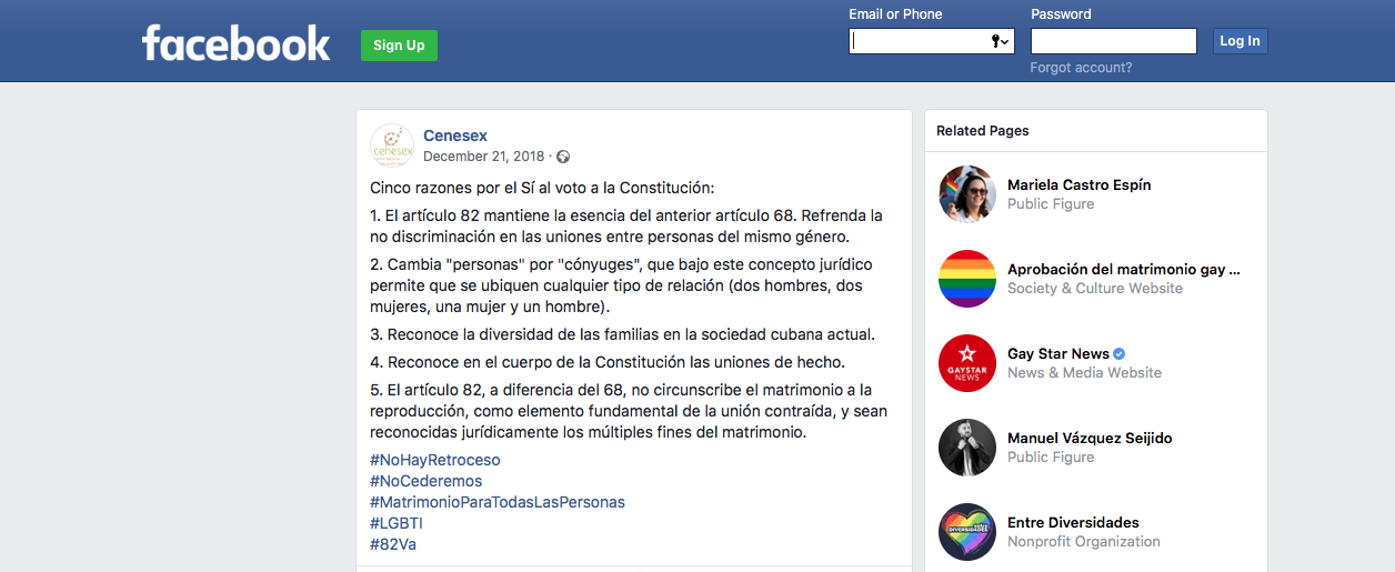 Captura de pantalla de declaración del CENESEX sobre eliminación del artículo 68 de la Constitución.