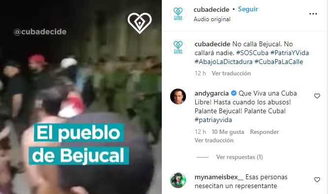 Reacción de Andy García a protestas en Bejucal