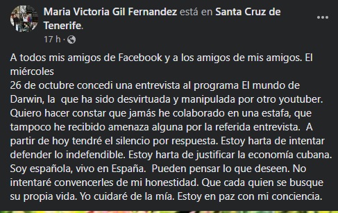 Escrito de Facebook de María Victoria Gil