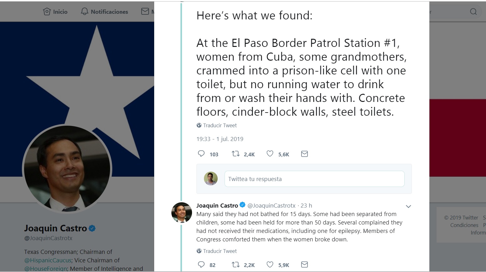Tweets de Joaquin Castro en su perfil de Twitter.