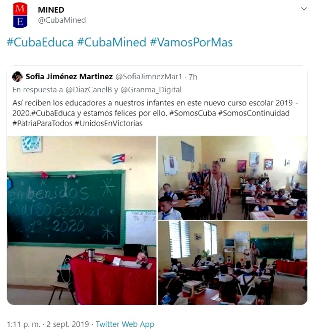 Captura de pantalla de tuit publicado y eliminado por la cuenta oficial del Ministerio de Educación de Cuba