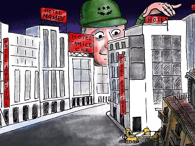 Ilustración de militar de Gaesa construyendo hoteles en La Habana