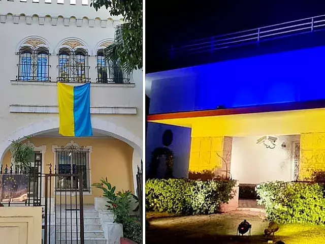 Fachadas de embajadas con colores de bandera ucraniana. Fotomontaje: ADN Cuba