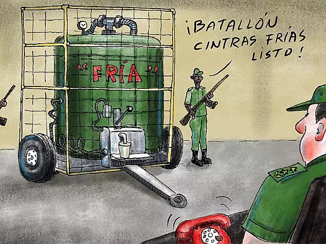 Militares custodian un tanque de cerveza. Ilustración: Armando Tejuca para ADN Cuba