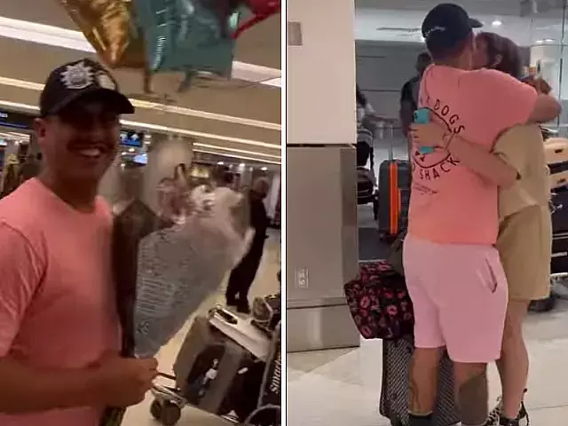 Carnota recibe a su novia en EEUU. Fotomontaje