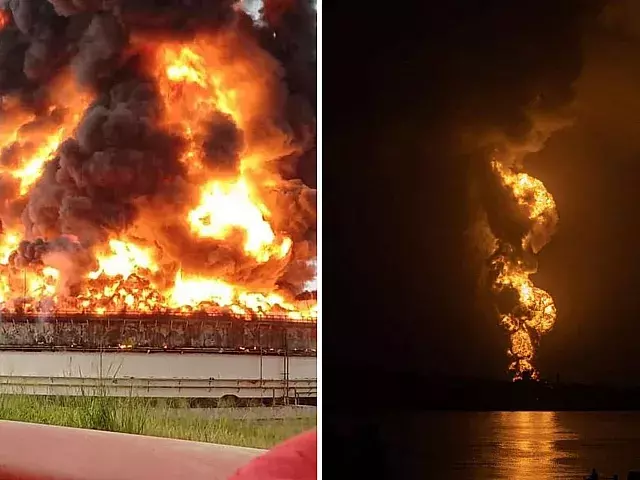 Un rayo impactó el tanque 52 de almacenamiento de crudo de la Base de Supertanqueros de Matanzas provocando un incendio. Foto: Facebook/ TV Yumuri