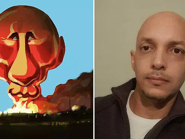 Carlos David Fuentes y su caricatura Putin en Ucrania. Fotomontaje con fotos tomadas de los perfiles en Facebook de Carlos David Fuentes y el Premio Europeo de Periodismo