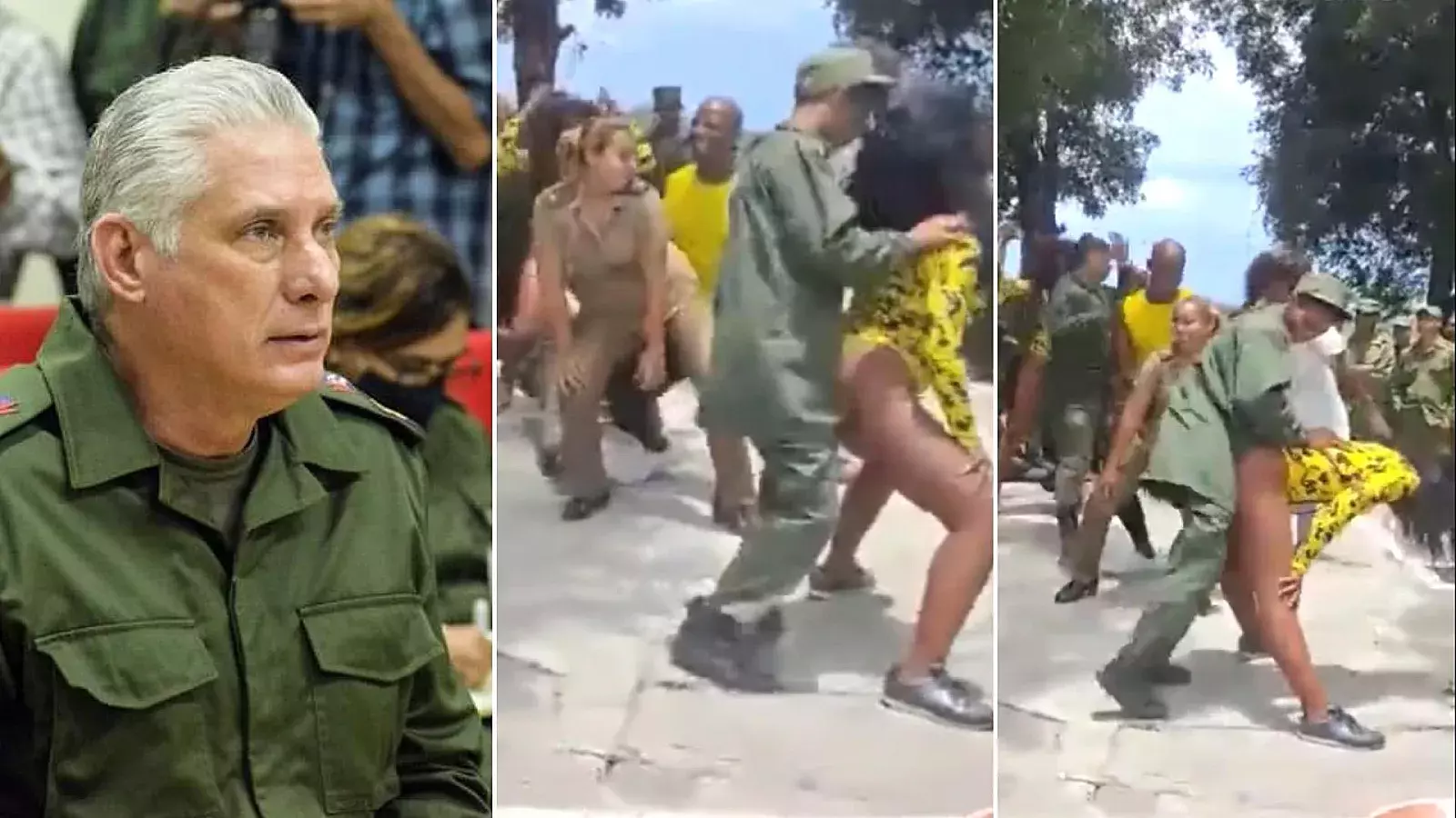 Díaz Canel y militares bailando reguetón