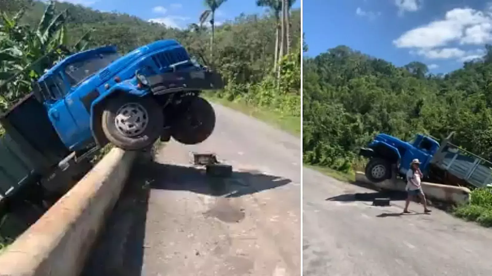 Camión cuelga de puente en Cuba