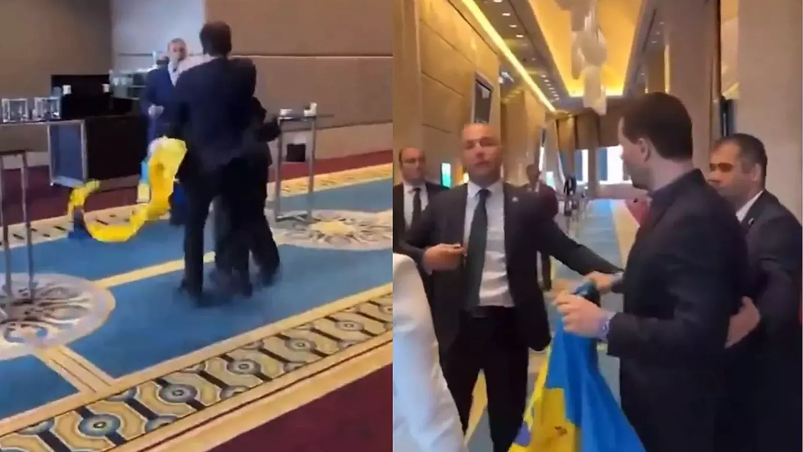 VIDEO:Diplomático ucraniano le da un puñetazo en la cara a diplomático ruso que le quita una bandera