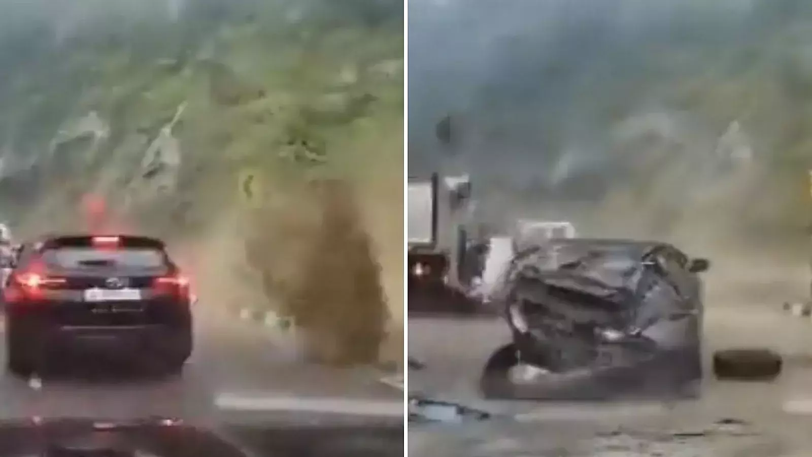 VIDEO: Impactante momento en que una roca gigante aplasta 2 autos y deja 2 muertos