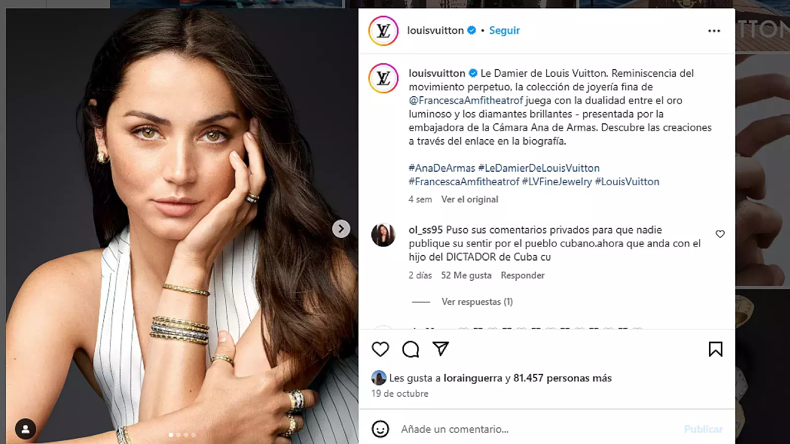 Decenas de mensajes en las páginas de altas firmas atacan a Ana de Armas