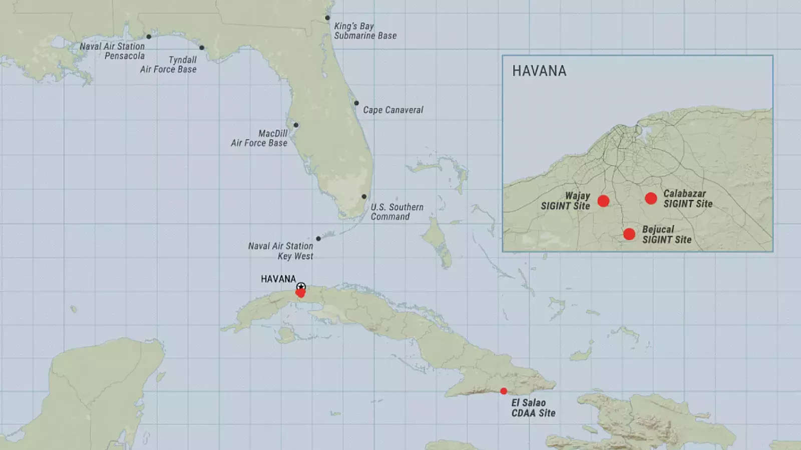 Ubicaciones de los sitios SIGINT de Cuba con posibles vínculos con China