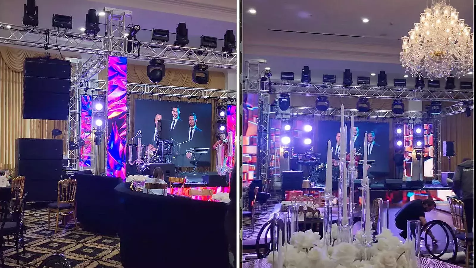 Montaje de luces, tarima y decoraciones en la lujosa fiesta navideña organizada por Cubamax en el Trump Hotel Doral
