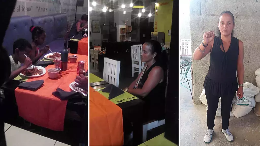 Anyell Valdés y sus hijos en restaurante de La Habana