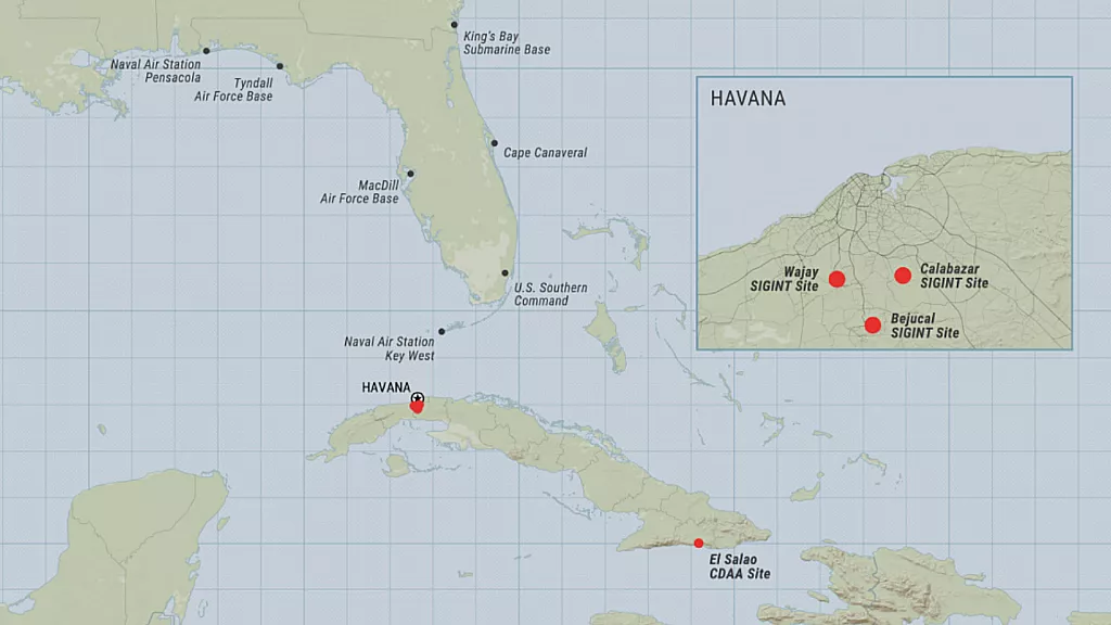 Ubicaciones de los sitios SIGINT de Cuba con posibles vínculos con China