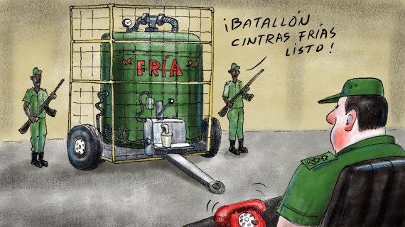 Militares custodian un tanque de cerveza. Ilustración: Armando Tejuca para ADN Cuba