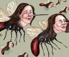 Ilustración de plaga de mosquitos con rostro de Mariela Castro. Imagen: Armando Tejuca
